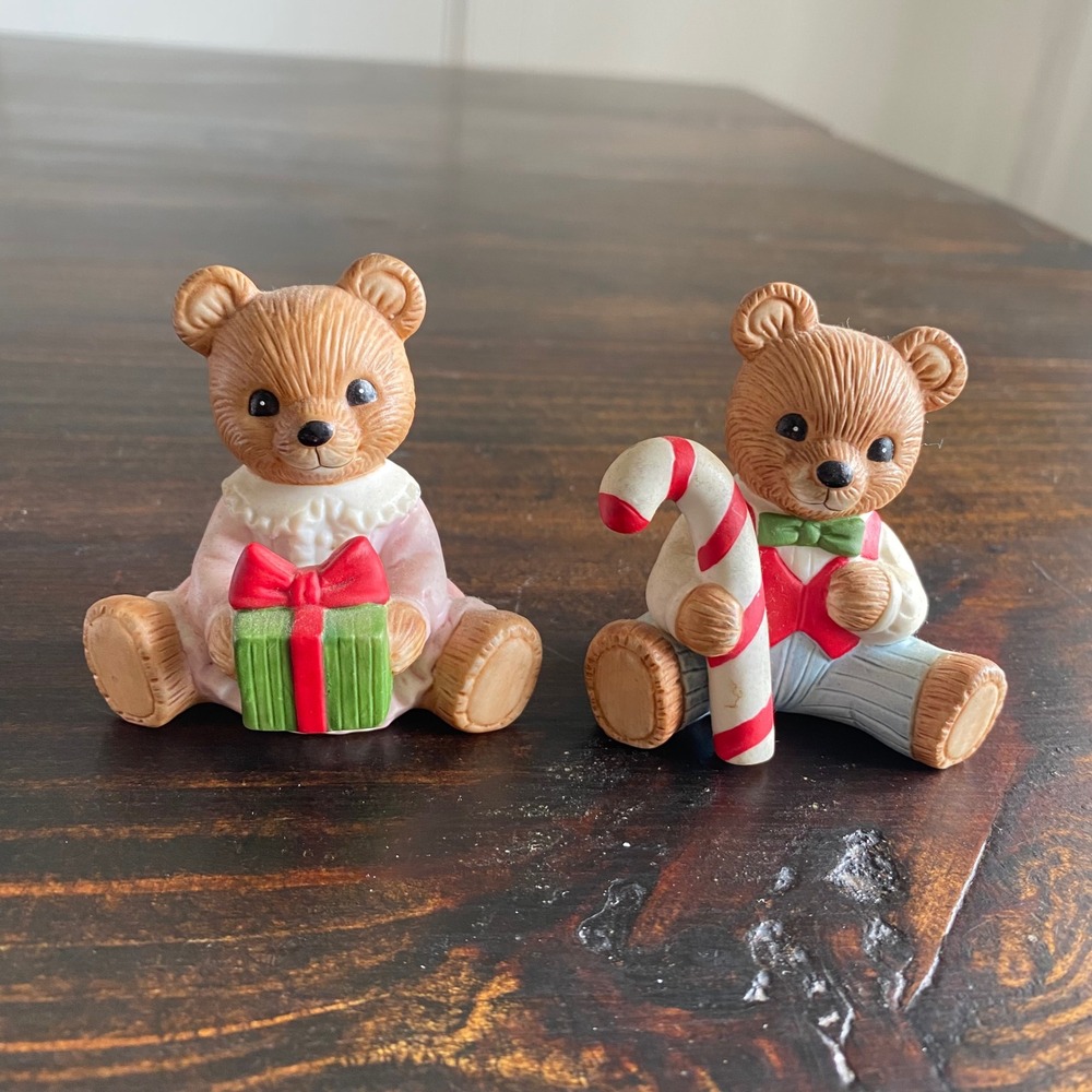 Vintage Homco Christmas Bear Figurines Set of 2 Porcelain 5211 Candy Cane Gift
